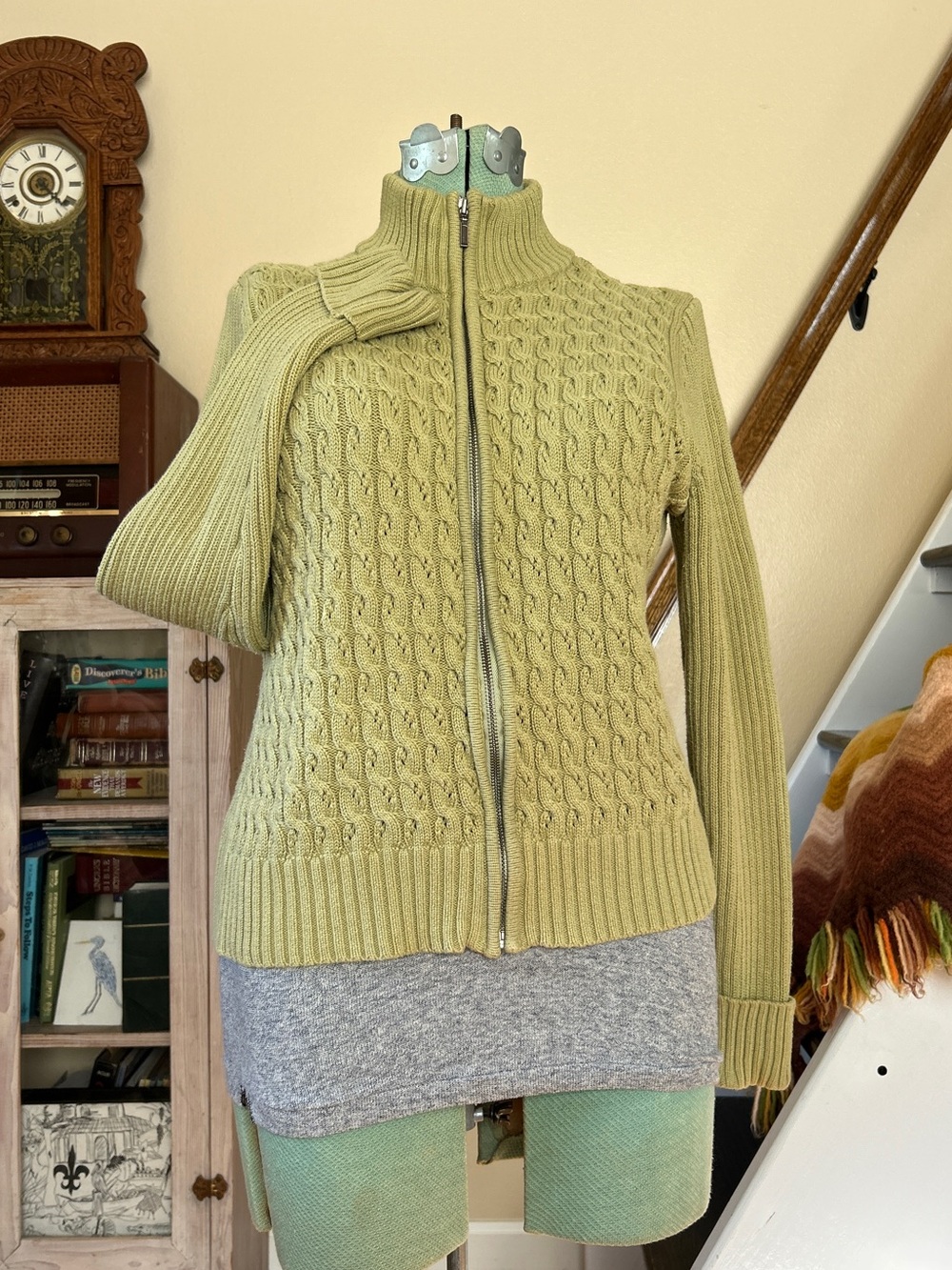 Vintage Y2K Eagle’s Eye Green Cotton Cable Knit Ribbed Mock Neck Zip-Up Sweater